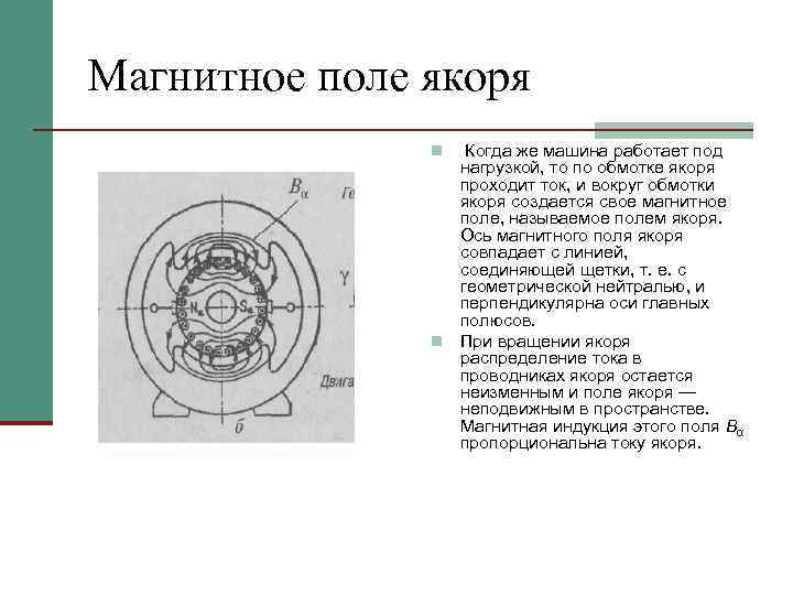 Магнитное поле якоря Когда же машина работает под нагрузкой, то по обмотке якоря проходит