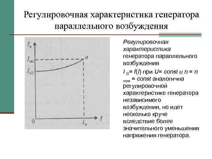 Регулировочная характеристика генератора параллельного возбуждения I В= f(I) при U= const и n =