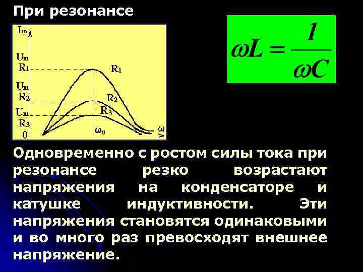 При резонансе Одновременно с ростом силы тока при резонансе резко возрастают напряжения на конденсаторе