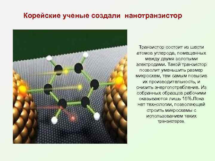 Корейские ученые создали нанотранзистор Транзистор состоит из шести атомов углерода, помещенных между двумя золотыми