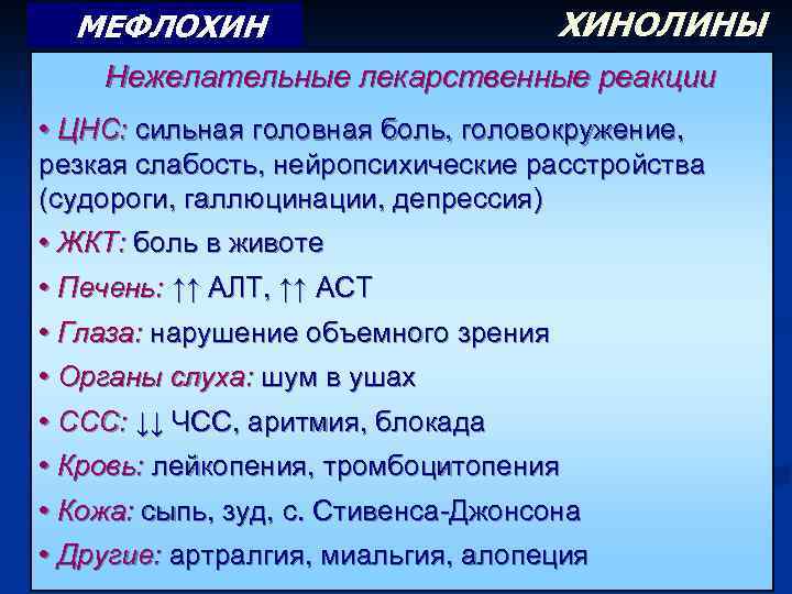 МЕФЛОХИН ХИНОЛИНЫ Нежелательные лекарственные реакции • ЦНС: сильная головная боль, головокружение, резкая слабость, нейропсихические