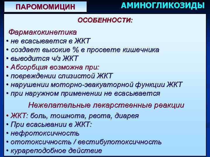 ПАРОМОМИЦИН АМИНОГЛИКОЗИДЫ ОСОБЕННОСТИ: Фармакокинетика • не всасывается в ЖКТ • создает высокие % в