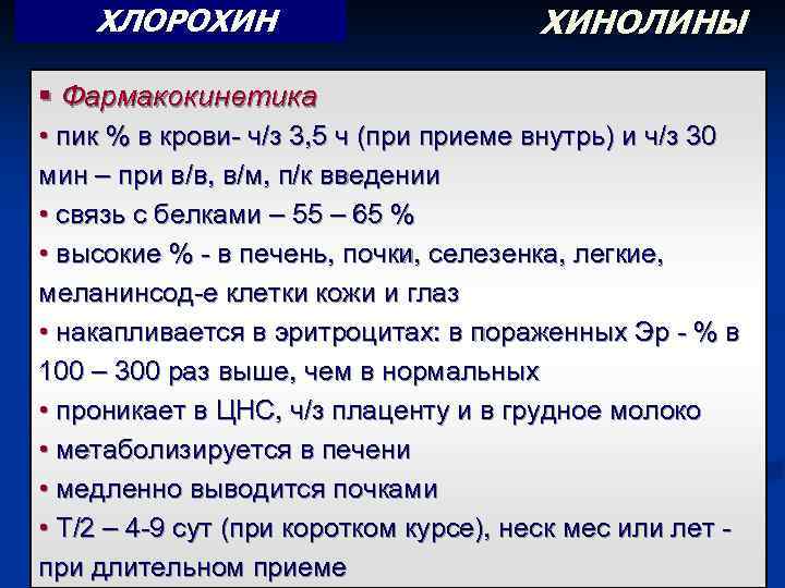 ХЛОРОХИН ХИНОЛИНЫ § Фармакокинетика • пик % в крови- ч/з 3, 5 ч (при