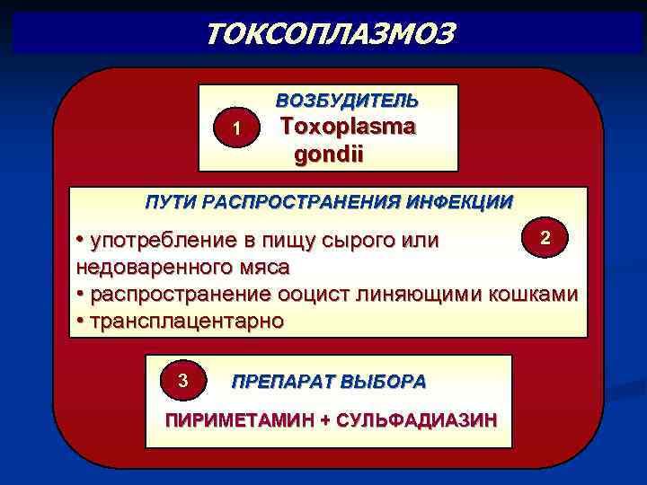 ТОКСОПЛАЗМОЗ ВОЗБУДИТЕЛЬ 1 Toxoplasma gondii ПУТИ РАСПРОСТРАНЕНИЯ ИНФЕКЦИИ • употребление в пищу сырого или