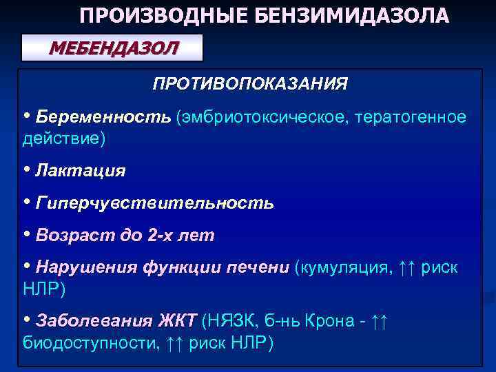 ПРОИЗВОДНЫЕ БЕНЗИМИДАЗОЛА МЕБЕНДАЗОЛ ПРОТИВОПОКАЗАНИЯ • Беременность (эмбриотоксическое, тератогенное действие) • Лактация • Гиперчувствительность •