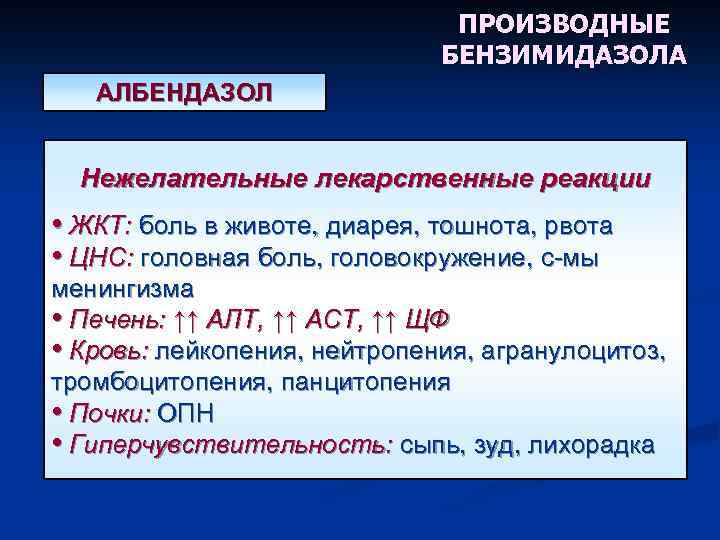 ПРОИЗВОДНЫЕ БЕНЗИМИДАЗОЛА АЛБЕНДАЗОЛ Нежелательные лекарственные реакции • ЖКТ: боль в животе, диарея, тошнота, рвота