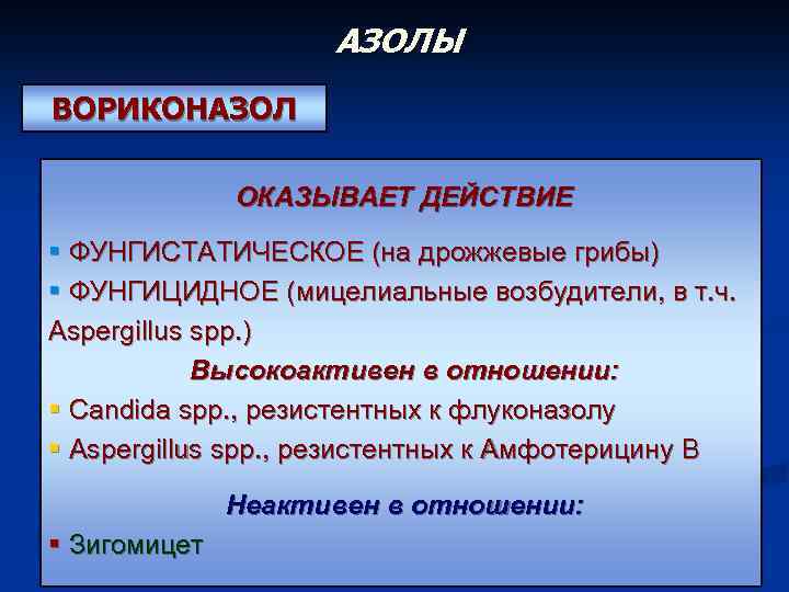АЗОЛЫ ВОРИКОНАЗОЛ ОКАЗЫВАЕТ ДЕЙСТВИЕ § ФУНГИСТАТИЧЕСКОЕ (на дрожжевые грибы) § ФУНГИЦИДНОЕ (мицелиальные возбудители, в