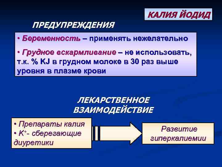 ПРЕДУПРЕЖДЕНИЯ КАЛИЯ ЙОДИД • Беременность – применять нежелательно • Грудное вскармливание – не использовать,