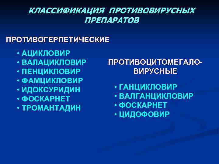 КЛАССИФИКАЦИЯ ПРОТИВОВИРУСНЫХ ПРЕПАРАТОВ ПРОТИВОГЕРПЕТИЧЕСКИЕ • АЦИКЛОВИР • ВАЛАЦИКЛОВИР • ПЕНЦИКЛОВИР • ФАМЦИКЛОВИР • ИДОКСУРИДИН