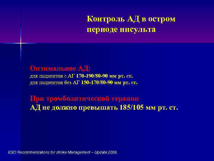 Контроль АД в остром периоде инсульта Оптимальное АД: для пациентов с АГ 170 -190/80