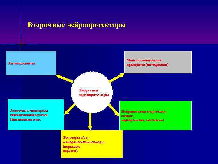 Вторичные нейропротекторы Многокомпонентные препараты (цитофлавин) Антиоксиданты Вторичные нейропротекторы Антитела к молекулам межклеточной адгезии Ганглиозиды