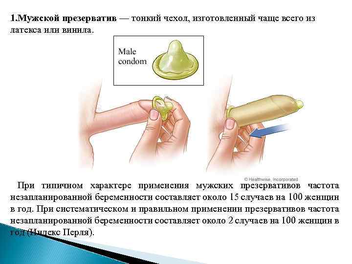 1. Мужской презерватив — тонкий чехол, изготовленный чаще всего из латекса или винила. При