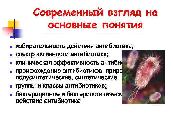 Современный взгляд на основные понятия n n n избирательность действия антибиотика; спектр активности антибиотика;