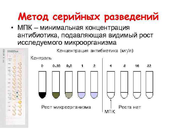 Метод серийных разведений • МПК – минимальная концентрация антибиотика, подавляющая видимый рост исследуемого микроорганизма