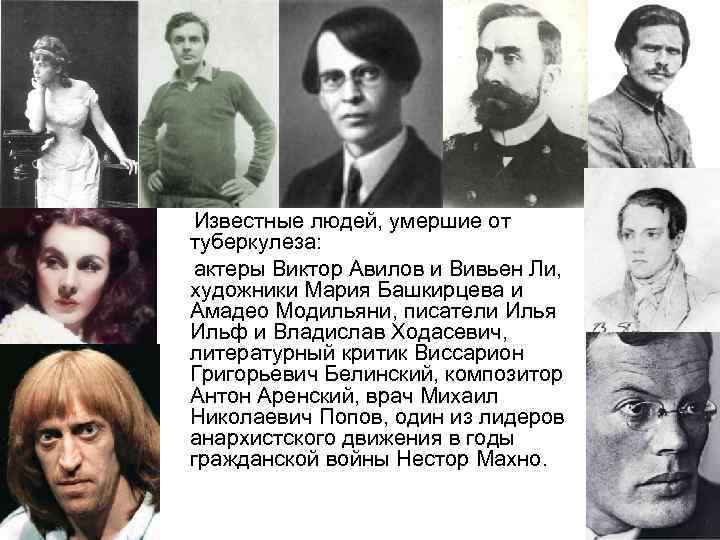  Известные людей, умершие от туберкулеза: актеры Виктор Авилов и Вивьен Ли, художники Мария