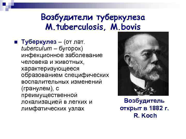 Возбудители туберкулеза M. tuberculosis, M. bovis n Туберкулез – (от лат. tuberculum – бугорок)