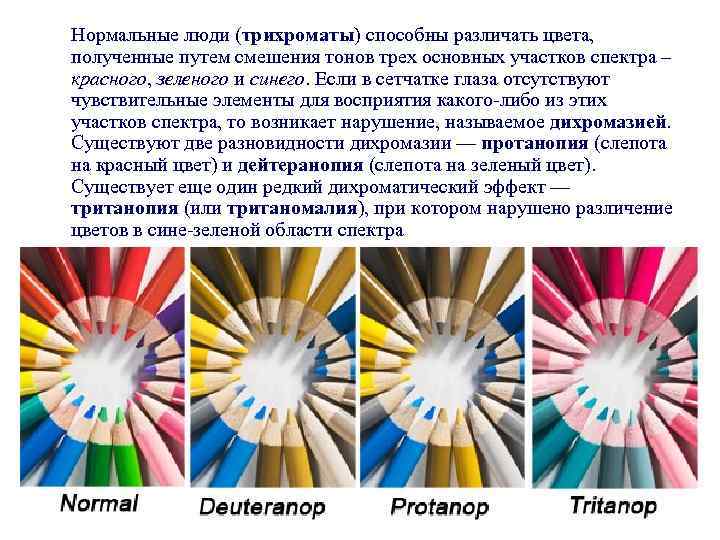 Нормальные люди (трихроматы) способны различать цвета, полученные путем смешения тонов трех основных участков спектра