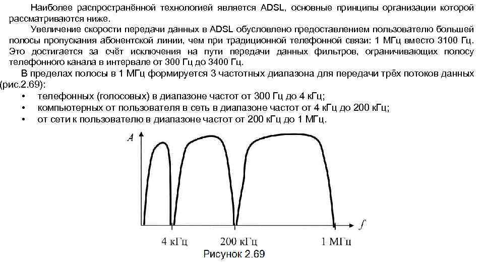 Наиболее распространённой технологией является ADSL, основные принципы организации которой рассматриваются ниже. Увеличение скорости передачи