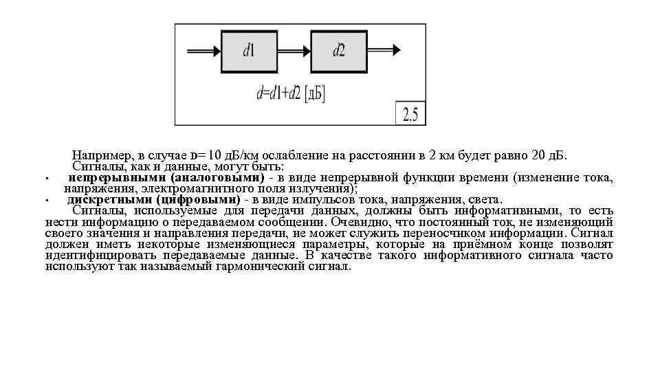 Например, в случае D= 10 д. Б/км ослабление на расстоянии в 2 км будет