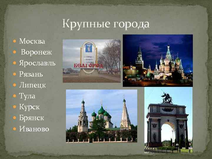Крупные города Москва Воронеж Ярославль Рязань Липецк Тула Курск Брянск Иваново 