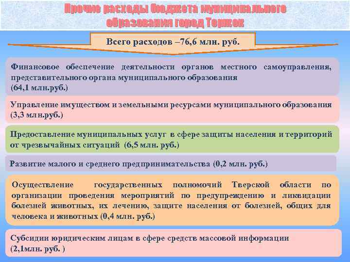 Прочие расходы бюджета муниципального образования город Торжок Всего расходов – 76, 6 млн. руб.