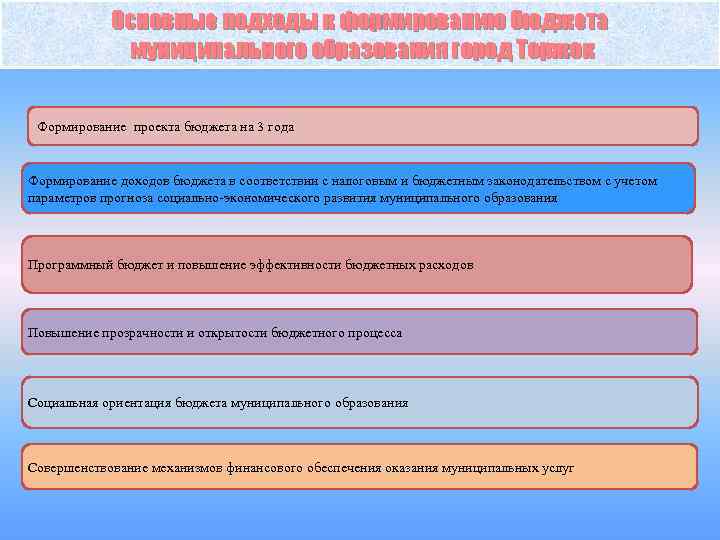 Основные подходы к формированию бюджета муниципального образования город Торжок Формирование проекта бюджета на 3
