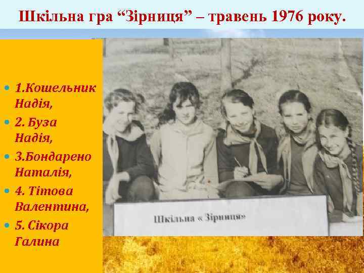 Шкільна гра “Зірниця” – травень 1976 року. 1. Кошельник Надія, 2. Буза Надія, 3.
