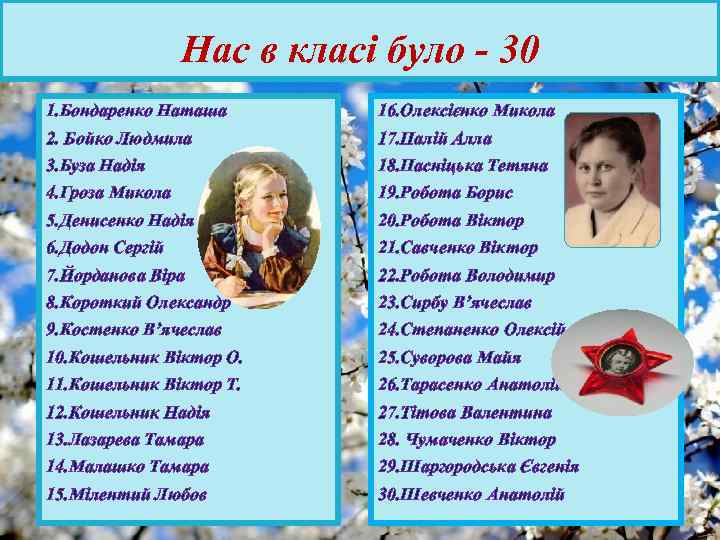 Нас в класі було - 30 1. Бондаренко Наташа 16. Олексієнко Микола 2. Бойко