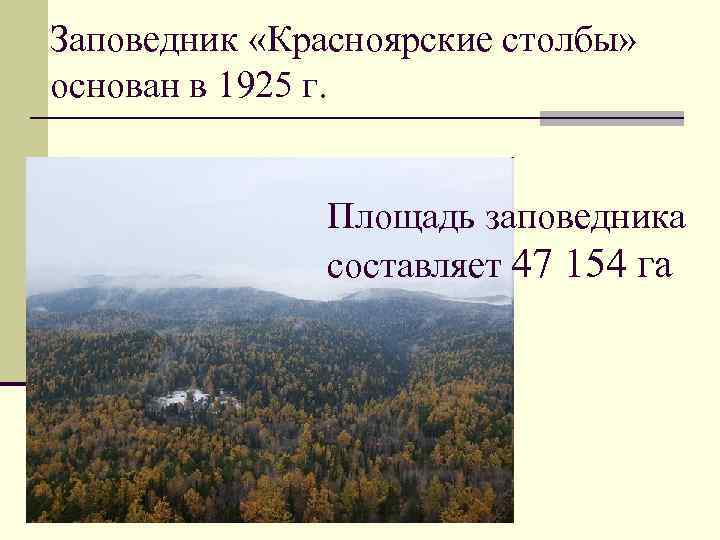 Заповедник «Красноярские столбы» основан в 1925 г. Площадь заповедника составляет 47 154 га 