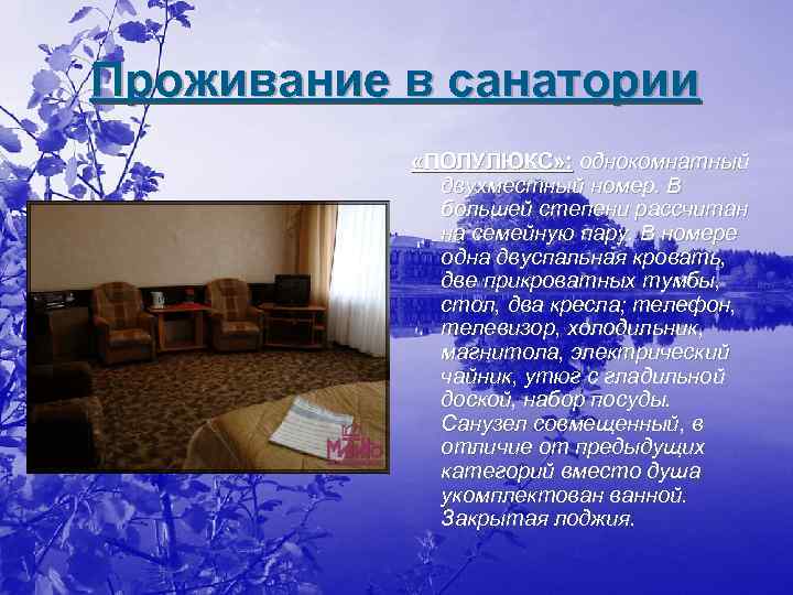 Проживание в санатории «ПОЛУЛЮКС» : однокомнатный двухместный номер. В большей степени рассчитан на семейную