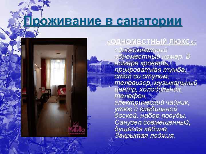 Проживание в санатории «ОДНОМЕСТНЫЙ ЛЮКС» : однокомнатный одноместный номер. В номере кровать, прикроватная тумба,
