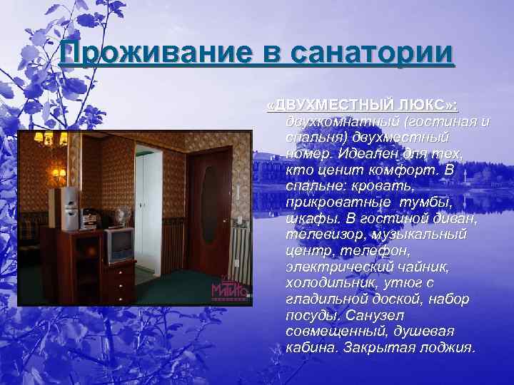 Проживание в санатории «ДВУХМЕСТНЫЙ ЛЮКС» : двухкомнатный (гостиная и спальня) двухместный номер. Идеален для