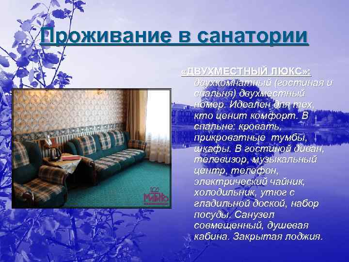 Проживание в санатории «ДВУХМЕСТНЫЙ ЛЮКС» : двухкомнатный (гостиная и спальня) двухместный номер. Идеален для