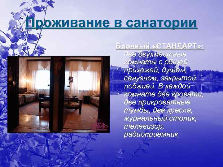 Проживание в санатории Блочный «СТАНДАРТ» : две двухместные комнаты с общей прихожей, душем, санузлом,