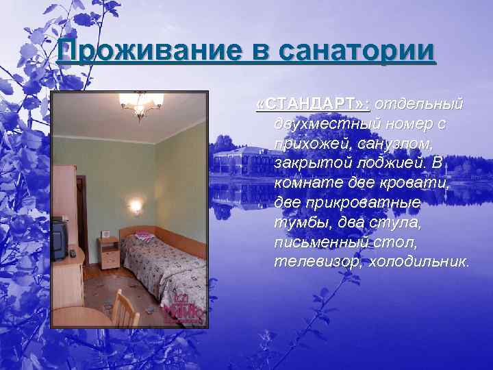 Проживание в санатории «СТАНДАРТ» : отдельный двухместный номер с прихожей, санузлом, закрытой лоджией. В