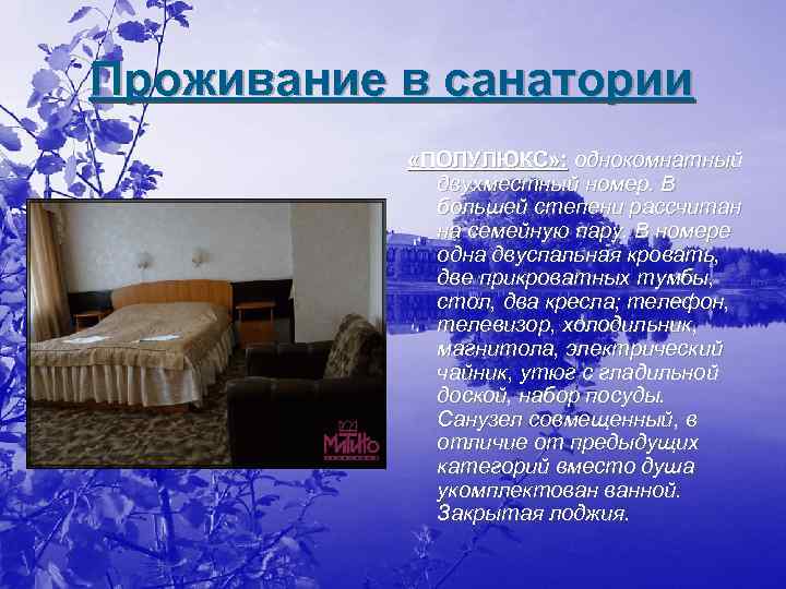 Проживание в санатории «ПОЛУЛЮКС» : однокомнатный двухместный номер. В большей степени рассчитан на семейную