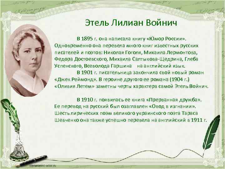 Этель Лилиан Войнич В 1895 г. она написала книгу «Юмор России» . Одновременно она