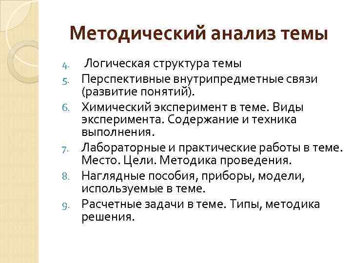 Методический анализ темы 4. 5. 6. 7. 8. 9. Логическая структура темы Перспективные внутрипредметные