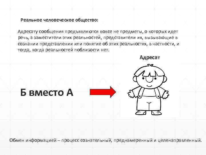 Реальное человеческое общество: Адресату сообщения предъявляются вовсе не предметы, о которых идет речь, а