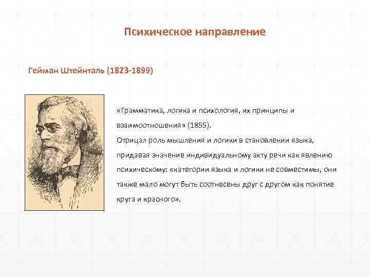 Психическое направление Гейман Штейнталь (1823 -1899) «Грамматика, логика и психология, их принципы и взаимоотношения»