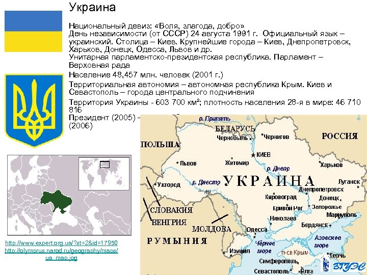Украина Национальный девиз: «Воля, злагода, добро» День независимости (от СССР) 24 августа 1991 г.