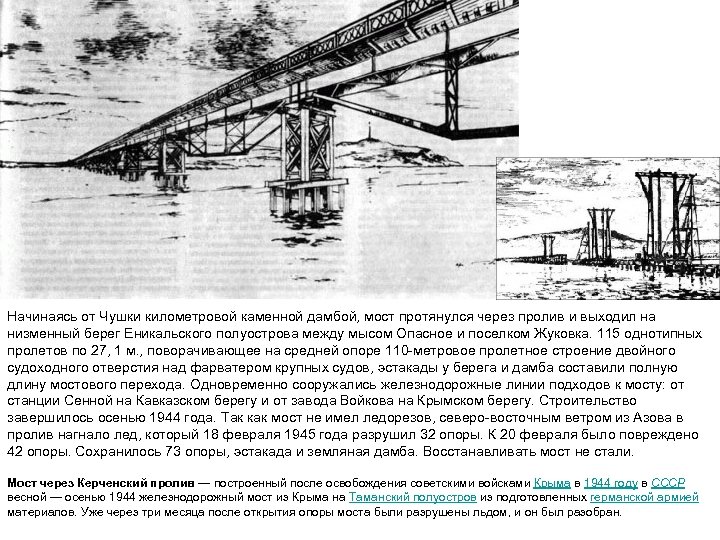 Начинаясь от Чушки километровой каменной дамбой, мост протянулся через пролив и выходил на низменный