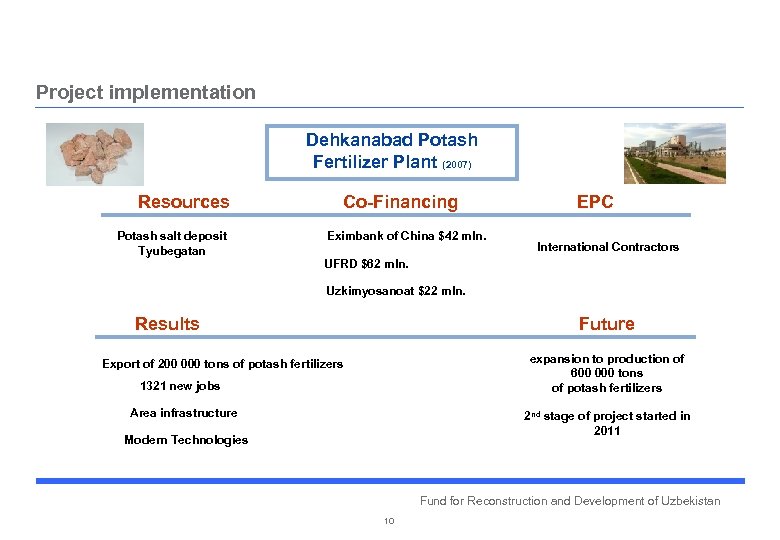 Project implementation Dehkanabad Potash Fertilizer Plant (2007) Resources Potash salt deposit Tyubegatan Co-Financing Eximbank