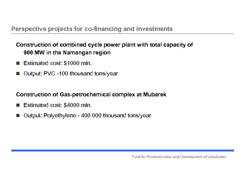 Perspective projects for co-financing and investments Construction of combined cycle power plant with total
