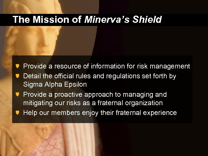 The Mission of Minerva’s Shield Provide a resource of information for risk management Detail