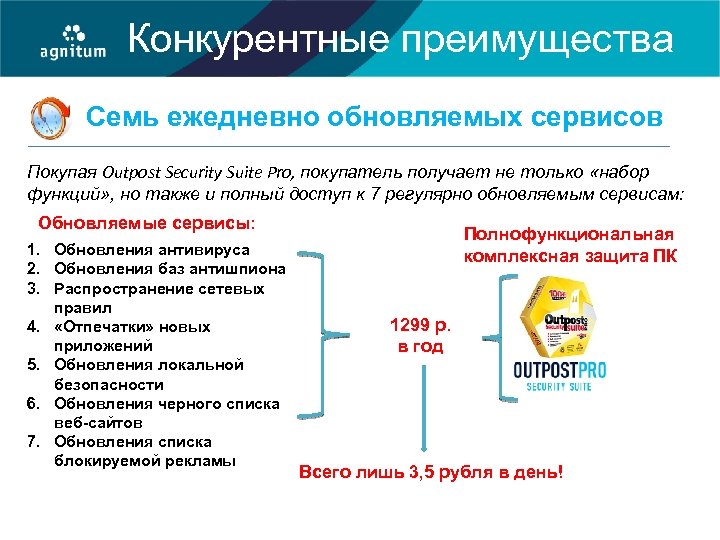 Конкурентные преимущества Семь ежедневно обновляемых сервисов Покупая Outpost Security Suite Pro, покупатель получает не