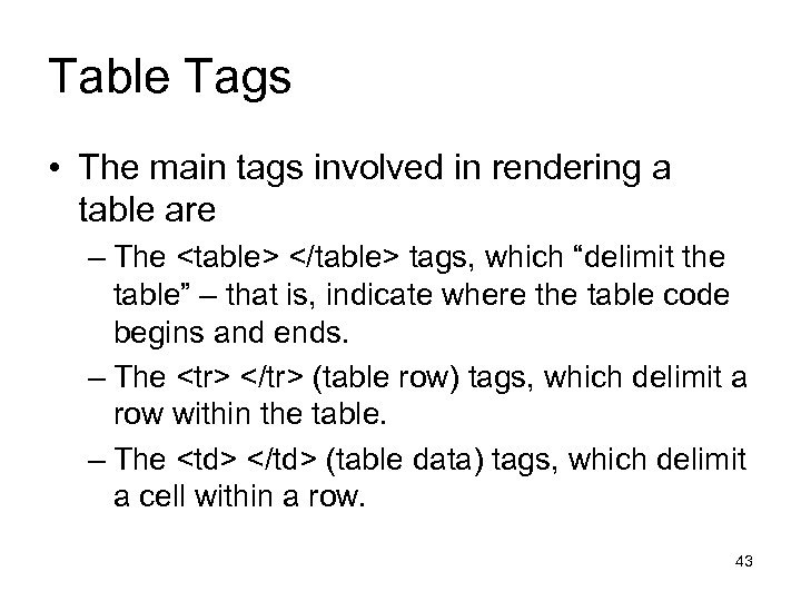 Table Tags • The main tags involved in rendering a table are – The