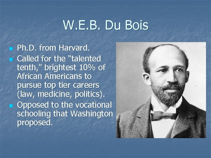 W. E. B. Du Bois n n n Ph. D. from Harvard. Called for