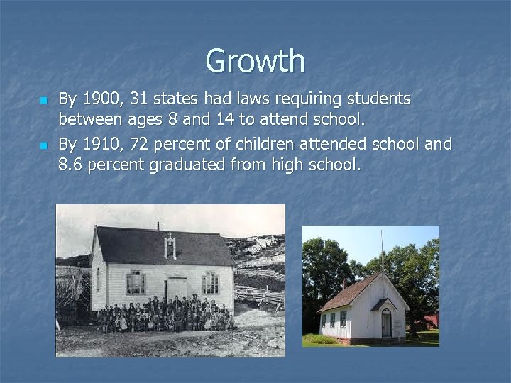 Growth n n By 1900, 31 states had laws requiring students between ages 8