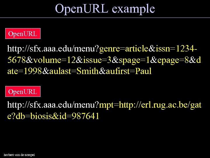 Open. URL example Open. URL http: //sfx. aaa. edu/menu? genre=article&issn=12345678&volume=12&issue=3&spage=1&epage=8&d ate=1998&aulast=Smith&aufirst=Paul Open. URL http: